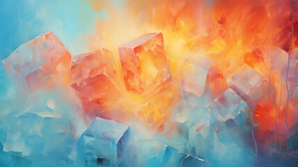 Soft pastel background showcasing the surreal scene of ice cubes aflame, a blend of fire and freeze