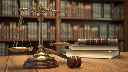 A 3D rendered image of a symbolic scene in a Court of Justice, featuring a balanced scale and a gavel on a wooden desk, with legal books in the background, highlighting the concepts of law, ord