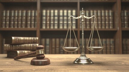 A 3D rendered image of a symbolic scene in a Court of Justice, featuring a balanced scale and a gavel on a wooden desk, with legal books in the background, highlighting the concepts of law, ord - obrazy, fototapety, plakaty