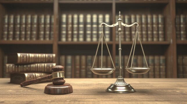A 3D rendered image of a symbolic scene in a Court of Justice, featuring a balanced scale and a gavel on a wooden desk, with legal books in the background, highlighting the concepts of law, ord