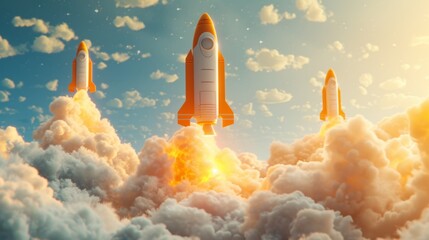 A 3D rendered image of depicting the journey of Bitcoin as a rocket, from preparation and launch to soaring towards the moon, with each panel capturing key moments of excitement, volatility, an