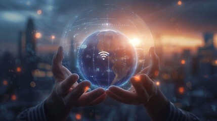 A 3D rendered image of hands emerging from a digital landscape, holding a crystal clear globe with digital and technological symbols like wifi signals, binary code, and smart city representatio