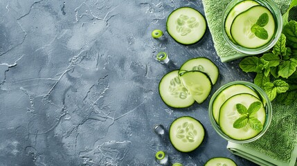 Refreshing cucumber water and towels, detox and hydration theme