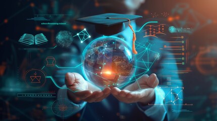 A 3D rendered image of hands presenting a transparent globe with a graduation cap, with digital holograms of educational elements like books, formulas, and graduation scrolls around it, showcas