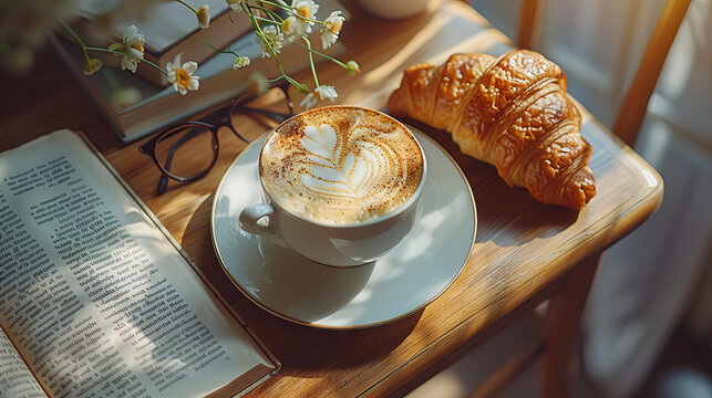 Coffee cup with croissant and book on wooden table.