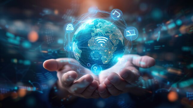 A 3D rendered image of hands emerging from a digital landscape, holding a crystal clear globe with digital and technological symbols like wifi signals, binary code, and smart city representatio