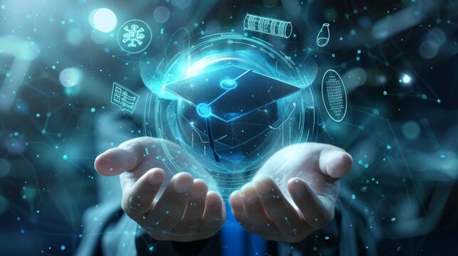 A 3D rendered image of hands presenting a transparent globe with a graduation cap, with digital holograms of educational elements like books, formulas, and graduation scrolls around it, showcas