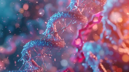 A close-up digital rendering of DNA strands being repaired or altered by advanced nanotechnology to treat a virus, with a focus on the intricate interaction between the DNA and the nanobots Cre