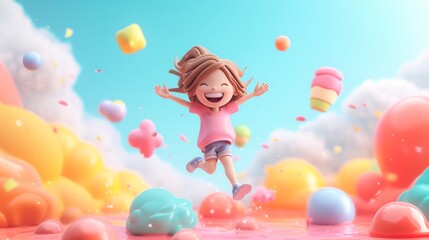 Fototapeta na wymiar A detailed 3D rendering of a girl cartoon character happily jumping, focusing on the lively motion and joyous facial expressions, with a background that suggests a celebration or a festive occa