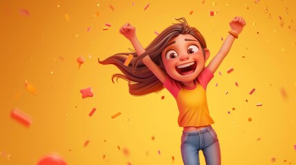 A detailed 3D rendering of a girl cartoon character happily jumping, focusing on the lively motion and joyous facial expressions, with a background that suggests a celebration or a festive occa