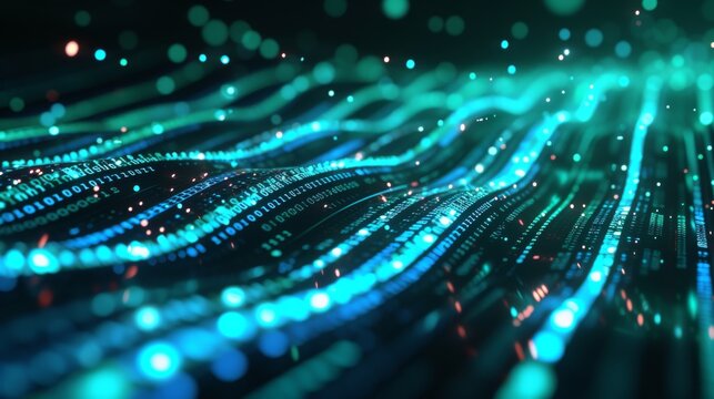 A close-up photo of a glowing binary code stream flowing through interconnected nodes, with a focus on intricate details of data transmission, blue and green neon lights, and a futuristic cyber