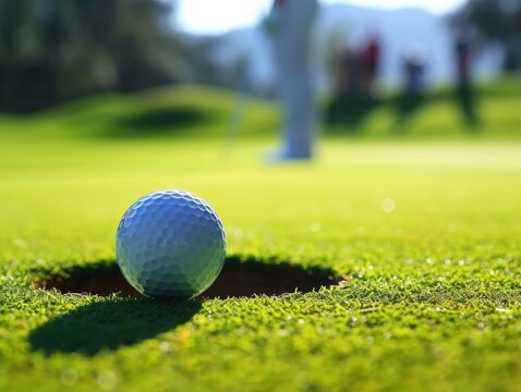 A close-up, detailed image of a golf ball just inches from the hole, capturing the anticipation and excitement of the moment, with the golfer and spectators blurred in the background Created Us