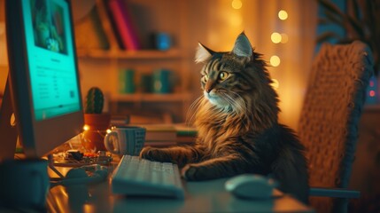 A photo of a cat sitting at a desk, using a computer, browsing a shopping website, surrounded by various shopping items The cat appears focused and curious, with a light from the computer scree