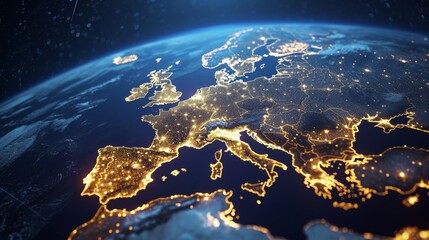 A photo-realistic image from a high-altitude perspective showing Europe at night, with glowing telecommunication network lines intricately connecting various cities, symbolizing the vast and in - obrazy, fototapety, plakaty