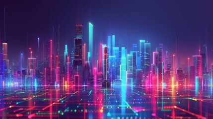 a city landscape with neon strips in the surface, in the style of minimalist stage designs, spectral, multi-coloured minimalism, AI Generative