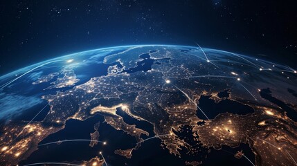 A photo-realistic image from a high-altitude perspective showing Europe at night, with glowing telecommunication network lines intricately connecting various cities, symbolizing the vast and in