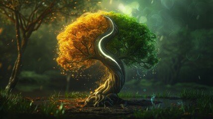 A conceptual illustration blending the Ying Yang symbol of balance with the Yggdrasil tree of life from Norse mythology. This unique fusion symbolizes the universal theme of balanc, AI Generative