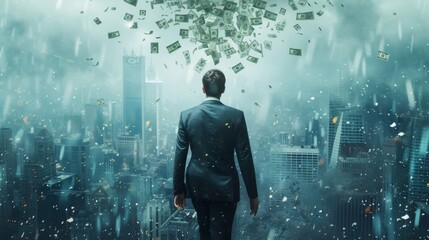 A photo-realistic image of a businessman in a suit, seen from the rear, walking confidently as a shower of dollar bills rains down on him from above, set against a backdrop of a bustling city,