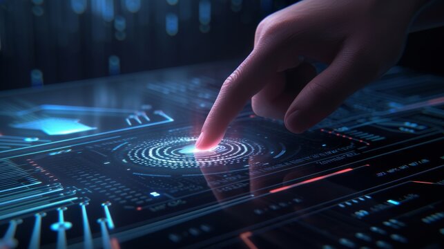 A photo-realistic depiction of a hand placing a finger on a sleek biometric scanner, with a digital display showing the scanning process and data encryption, highlighting the user-friendly yet
