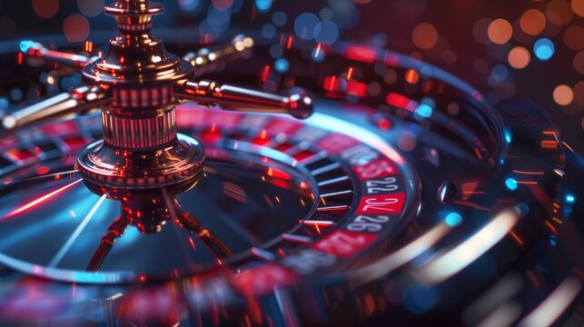 A close-up, image of a miniature roulette wheel, highlighting the precision and detail of the game elements, with a focus on the spinning wheel. Created Using style, close-up view,, AI Generative