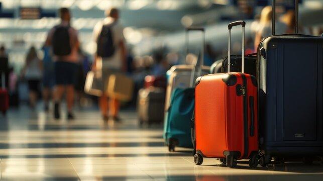 A photo-realistic image of a busy airport terminal with travelers and a diverse array of luggage suitcases, showcasing the vibrant and hectic atmosphere of travel, with suitcases lined up and i