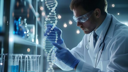 A photo-realistic image of a doctor in a modern laboratory examining a holographic DNA model within a test tube, highlighting the precision and detail of the hologram and the doctor's focused a