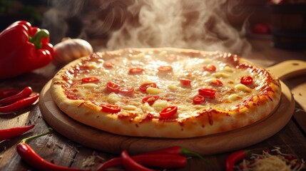 A photo-realistic image of a freshly baked hot and spicy cheese pizza on a wooden table, with steam rising, showcasing the melted cheese, bright red chili peppers, and a golden crust, in a cozy - Powered by Adobe
