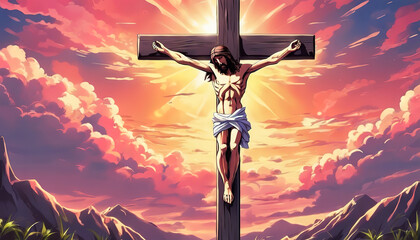 Bright Easter Sunday concept, Jesus Christ crucifixion cross - obrazy, fototapety, plakaty