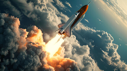 A hyper-realistic rendering of a space agency's rocket at liftoff, immense detail showing the power and precision of modern space travel Created Using photorealistic style, extreme, AI Generative - obrazy, fototapety, plakaty