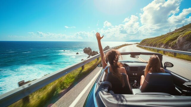 A photo-realistic image of a convertible car driving along a coastal road, with a woman in the passenger seat joyfully raising her arm against a backdrop of a beautiful beach and clear blue sky