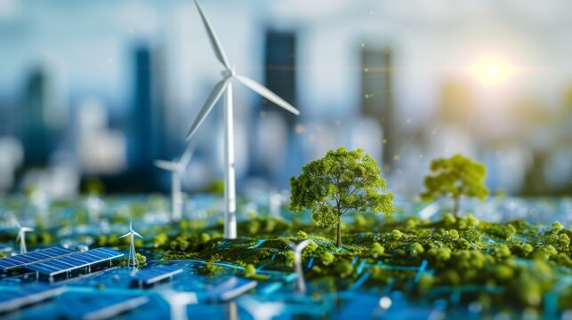 A photo-realistic image of a corporate setting implementing ESG criteria, showcasing renewable energy sources for the environmental aspect, a diverse team for social responsibility, and transpa