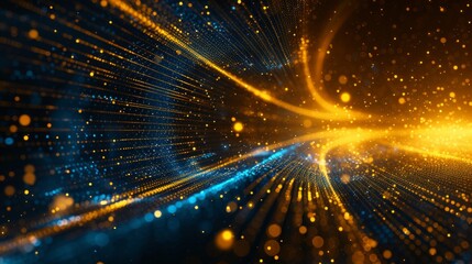 Fototapeta premium Abstract composition in yellow, gold, and blue, evoking metaverse themes and technological innovation. This background merges laser elements with geometric forms, highlighted by a, AI Generative