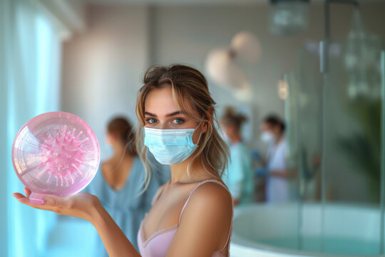 Coronavirus, Epidemic Outbreak. A woman, a girl with a mask on her face holds an injection. Test yourself, stay home, and save lives.