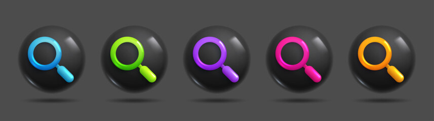 Sets of 3d realistic search icon. Colourful icons in blue, green, violet, pink and orange in dark mode. 3d Sets of Vector Elements.