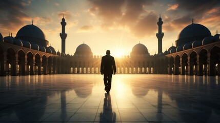 Silhouette of muslim family walking in the mosque - obrazy, fototapety, plakaty