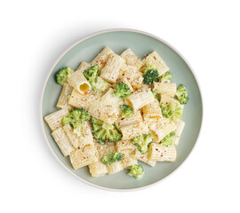 Plate of tasty pasta with broccoli on white background
