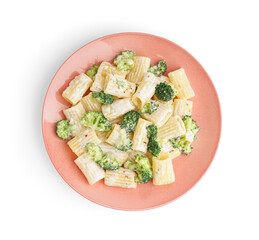 Plate of tasty pasta with broccoli on white background