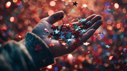A persons hand holding a handful of confetti in the shape of stars and stripes. - obrazy, fototapety, plakaty