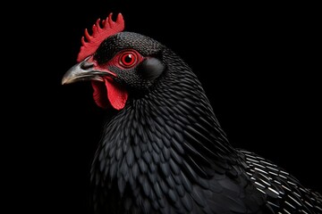 Close up of a black Phasianidae bird with red comb on dark background