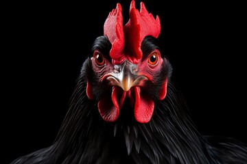 Closeup of a black rooster with a red comb against a dark background