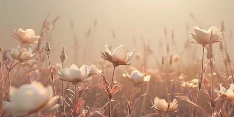 Flowers in muted, earthy tones, creating a feeling of calm and elegance and minimalism. Beige background - obrazy, fototapety, plakaty