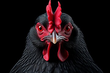 Close up of a black chicken head with red eyes, comb, on black background