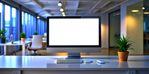 Blank computer screen mockup with clean office backdrop