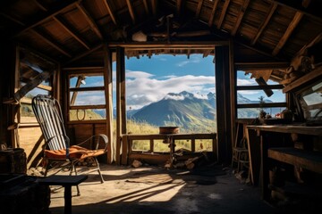 Obraz premium Scenery view from inside hut. Nature landscape view from vacation lodge. Generate ai