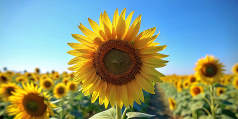 Closeup sunflower with blue sky backdrop