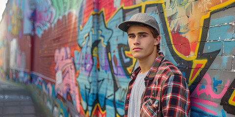 Fashionable Generation Z man confidently stands with a wall covered in a graffiti mural behind him