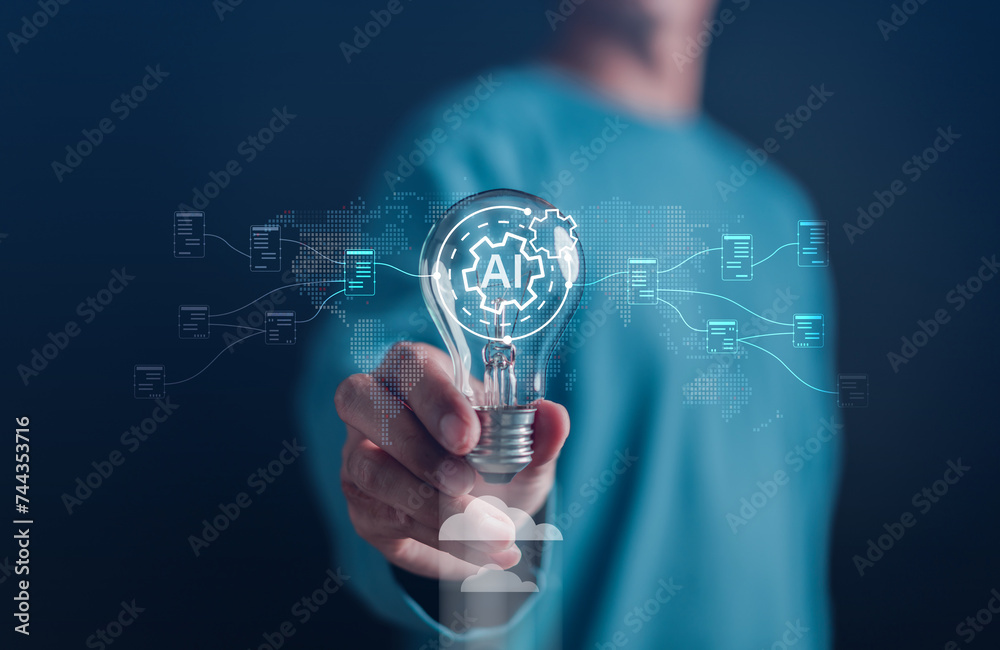 Aufkleber Businessman using ai technology. chat bot with AI Artificial Intelligence generate. Futuristic technology, robot in online system. Business in future...