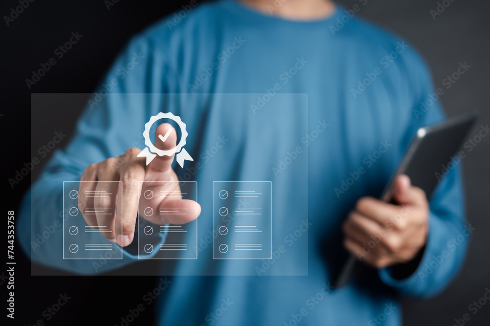 Poster Quality Certificate and Checklist document inspecting target marketing planning assignment with quality management. Standardization, certification. Compliance to regulations service and standards.
