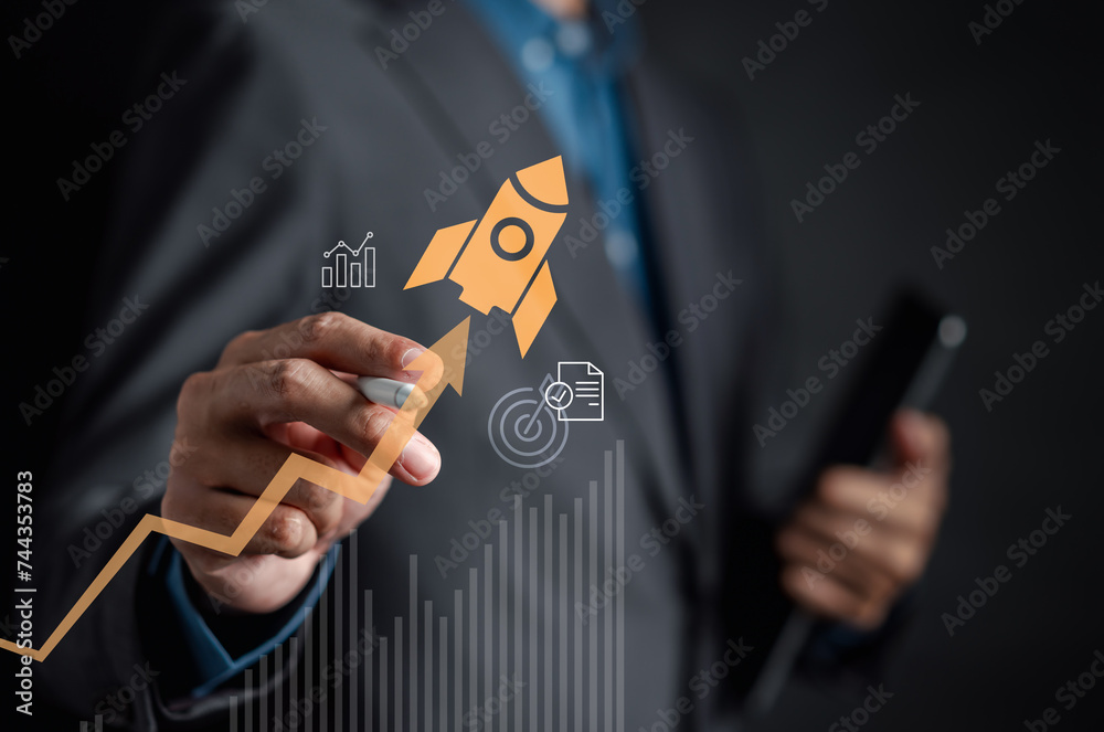 Aufkleber Businessman rocket launch investment growth, planning and starting corporate business start up aiming objective value development leadership and customer target group...
