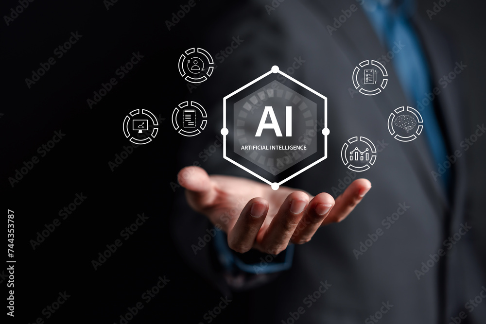 Aufkleber Businessman using ai technology. chat bot with AI Artificial Intelligence generate. Futuristic technology, robot in online system. Business in future...